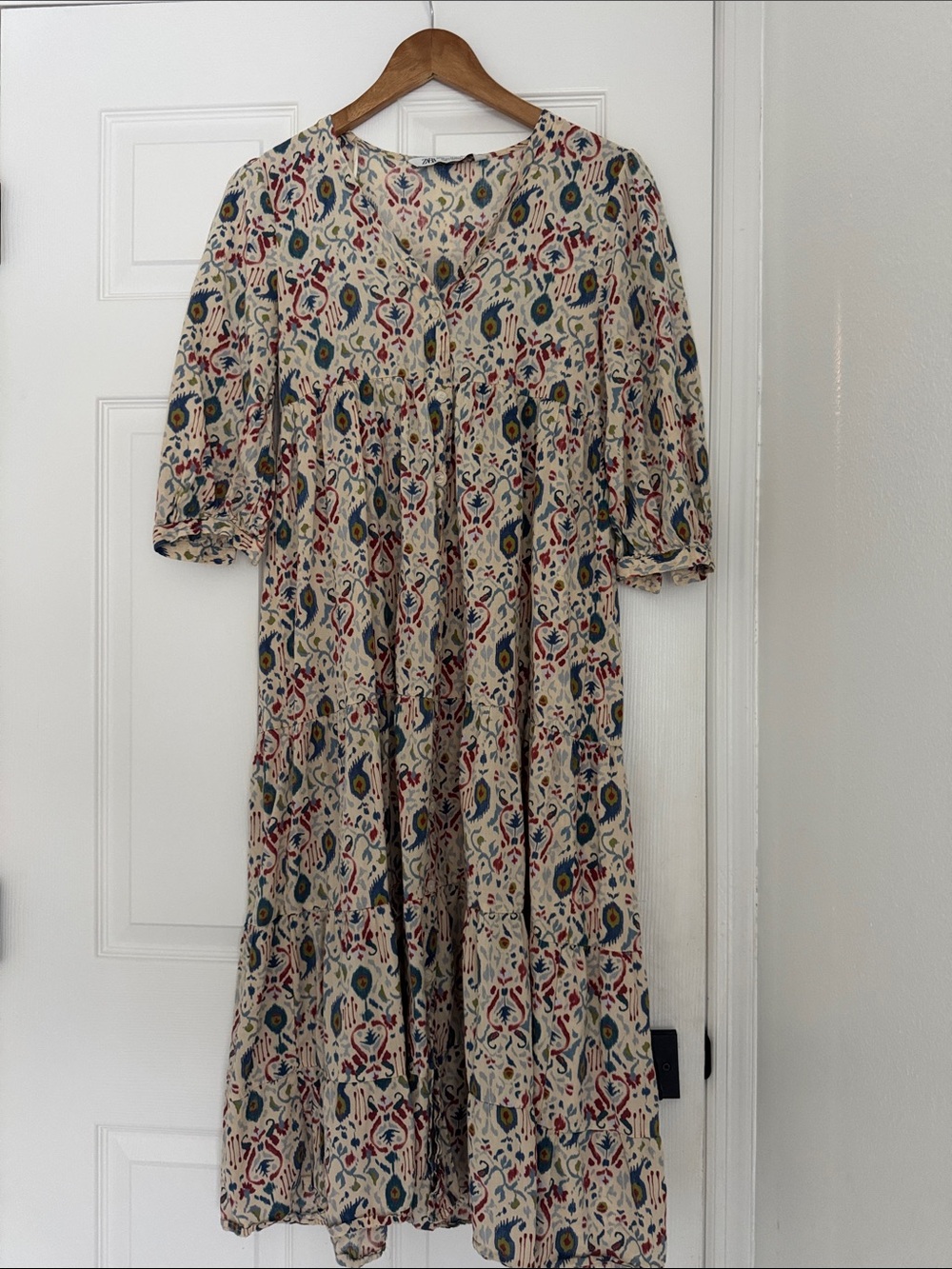 Zara Cream Midi Dress with Blue and Red Paisley Print
